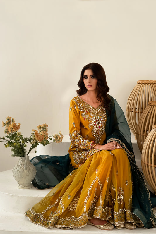 Yellow and zinc gharara wedding outfit with intricate zari and gotta work