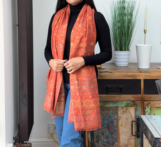Printed tangerine cashmere wool blend shawl with elegant printed pattern