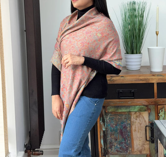 Taupe cashmere wool blend shawl with elegant printed pattern