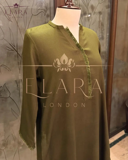 Olive green co-ord set with pearl and fringe detailing