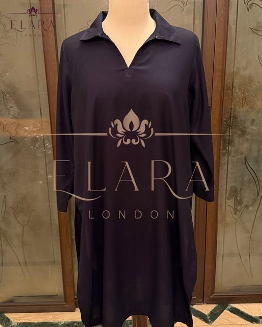 Navy blue co-ord set in plain Dhanak fabric with wide collar