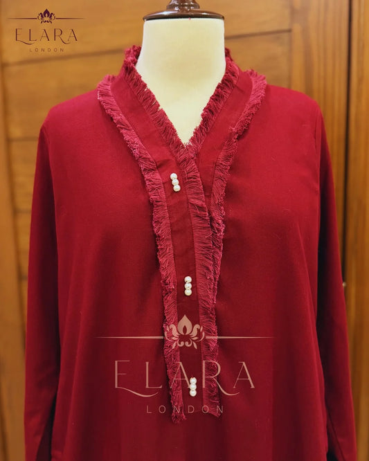 Maroon co-ord set with pearl and fringe detailing