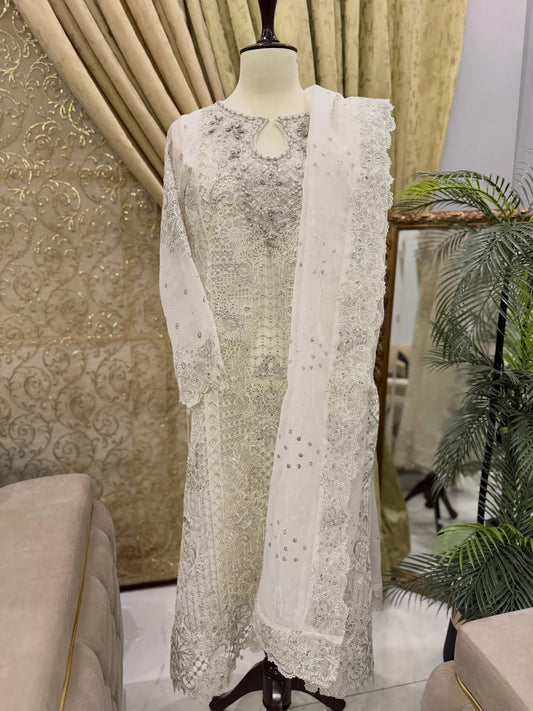 White organza embroidered outfit with delicate embroidery and handcrafted stonework