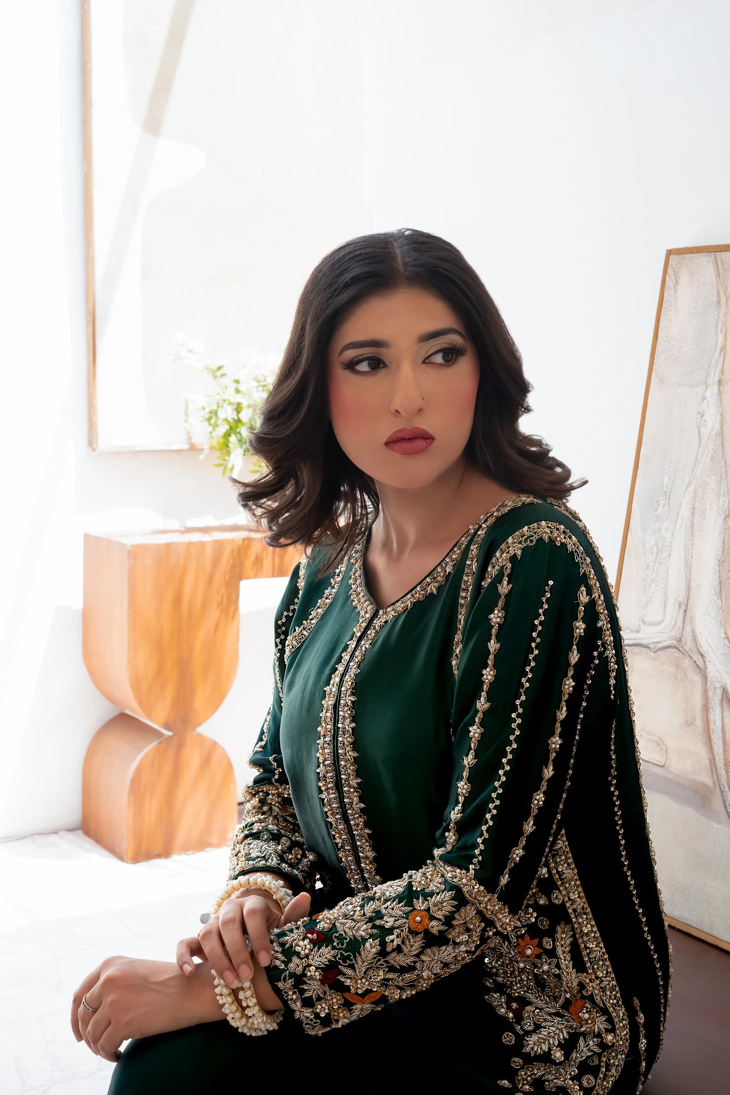 Silk emerald green zari wedding outfit with hand-made zari work on tussar silk
