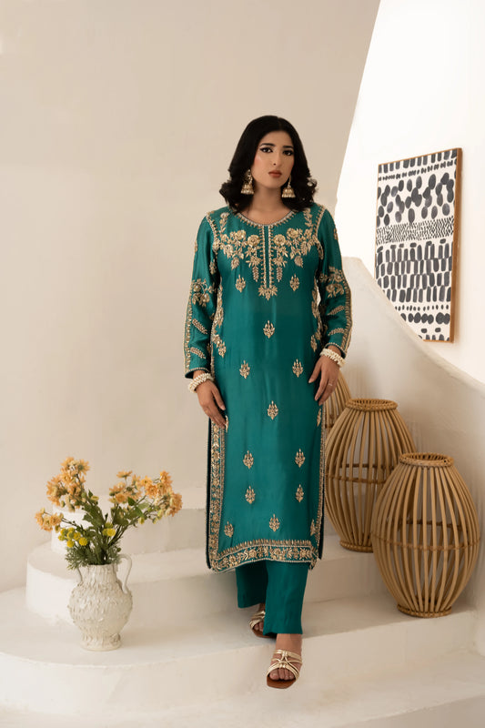Aqua green wedding outfit with hand-made zari work on tussar silk