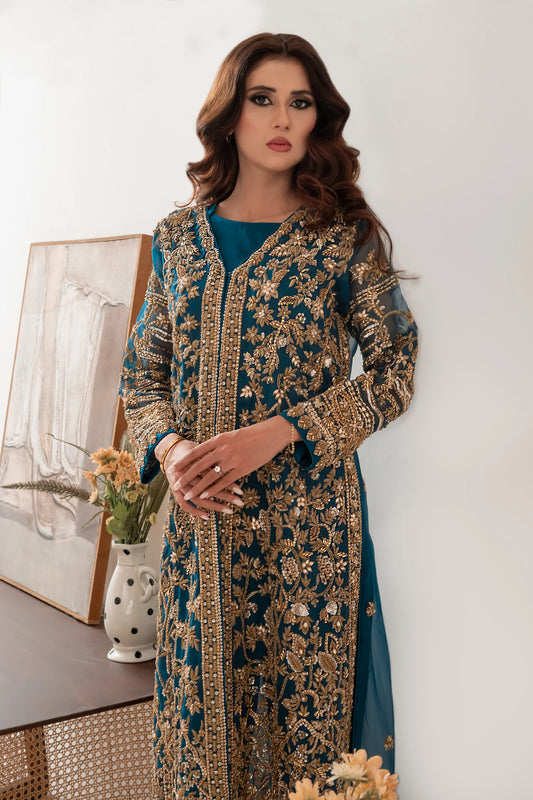 Teal blue wedding gown – front-open organza gown with intricate zari work