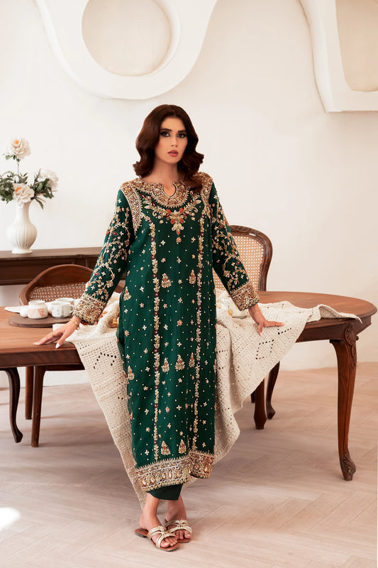 Dark green wedding outfit with hand-made zari work on net