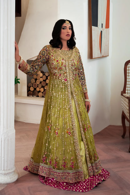 Soft green wedding lehenga choli with net gown and shimmering zari work