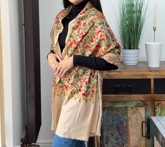 Beige embroidered pashmina shawl with elegant detailing