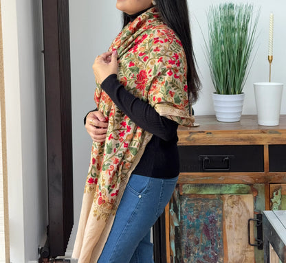 Beige embroidered pashmina shawl with elegant detailing