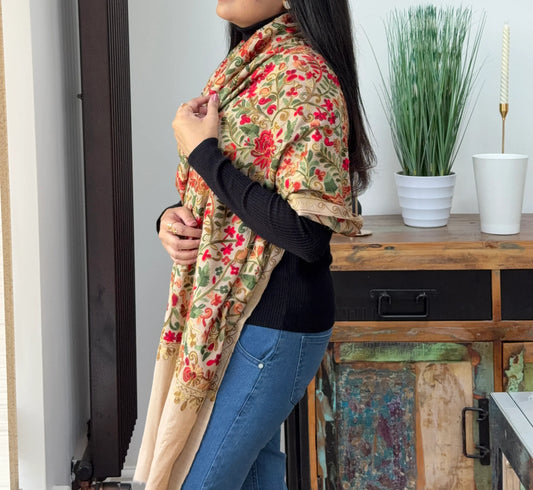 Beige embroidered pashmina shawl with elegant detailing