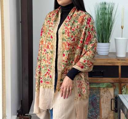 Beige embroidered pashmina shawl with elegant detailing
