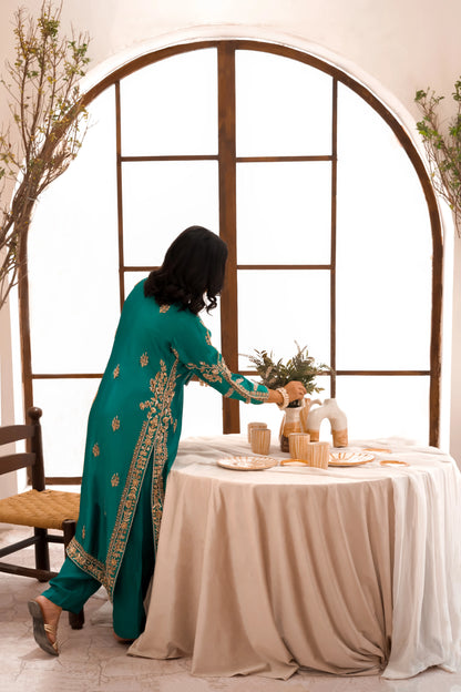 Aqua green wedding outfit with hand-made zari work on tussar silk