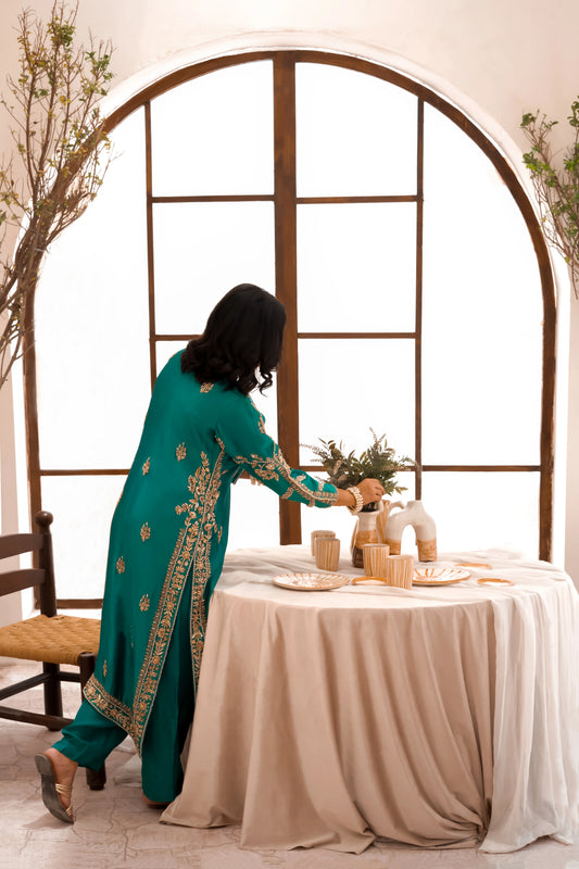 Aqua green wedding outfit with hand-made zari work on tussar silk