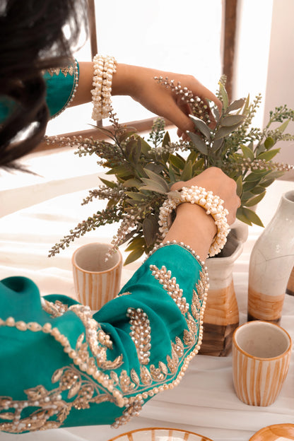 Aqua green wedding outfit with hand-made zari work on tussar silk