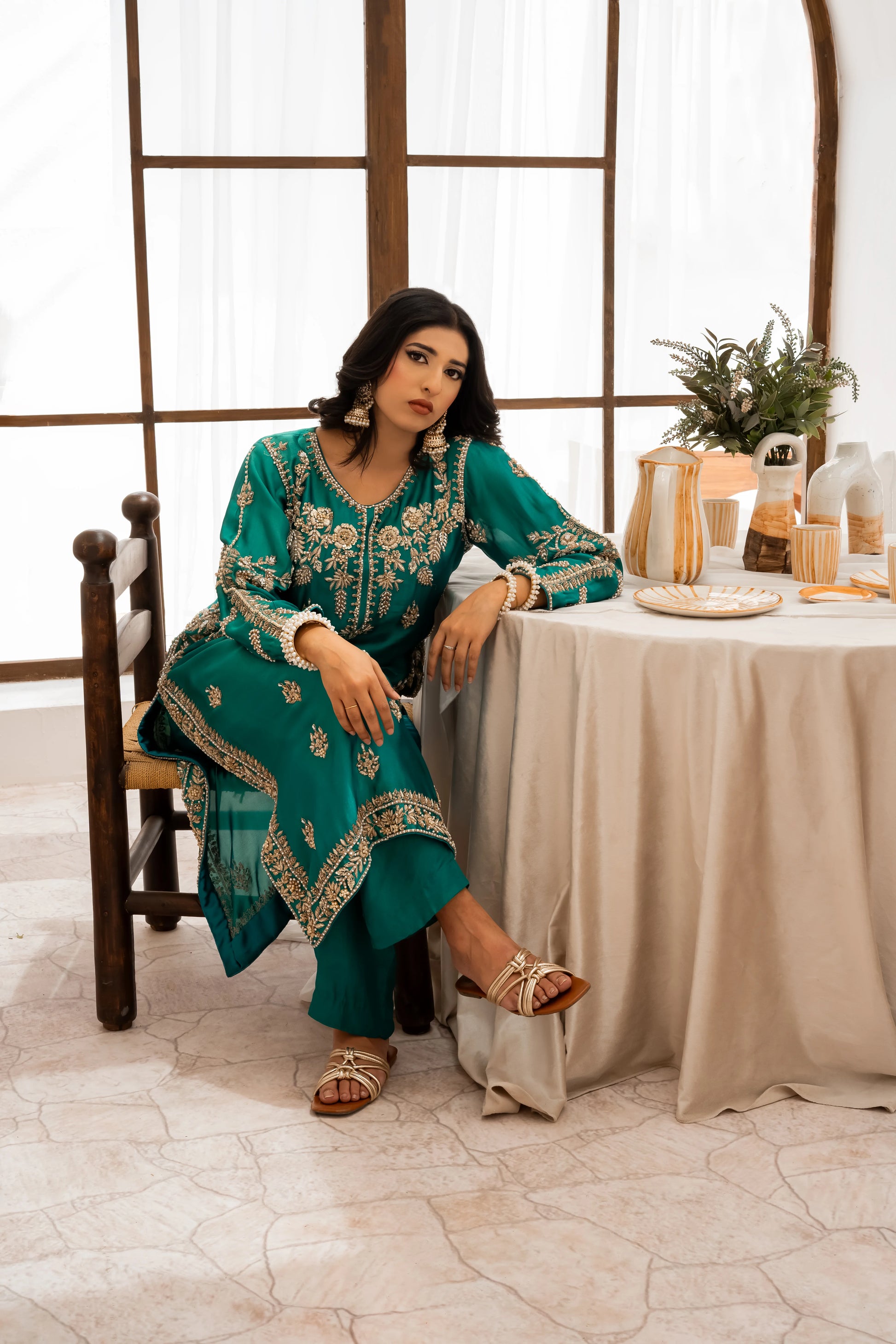 Aqua green wedding outfit with hand-made zari work on tussar silk