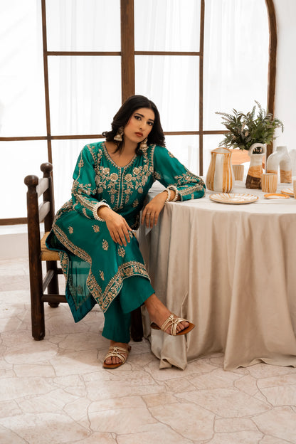 Aqua green wedding outfit with hand-made zari work on tussar silk