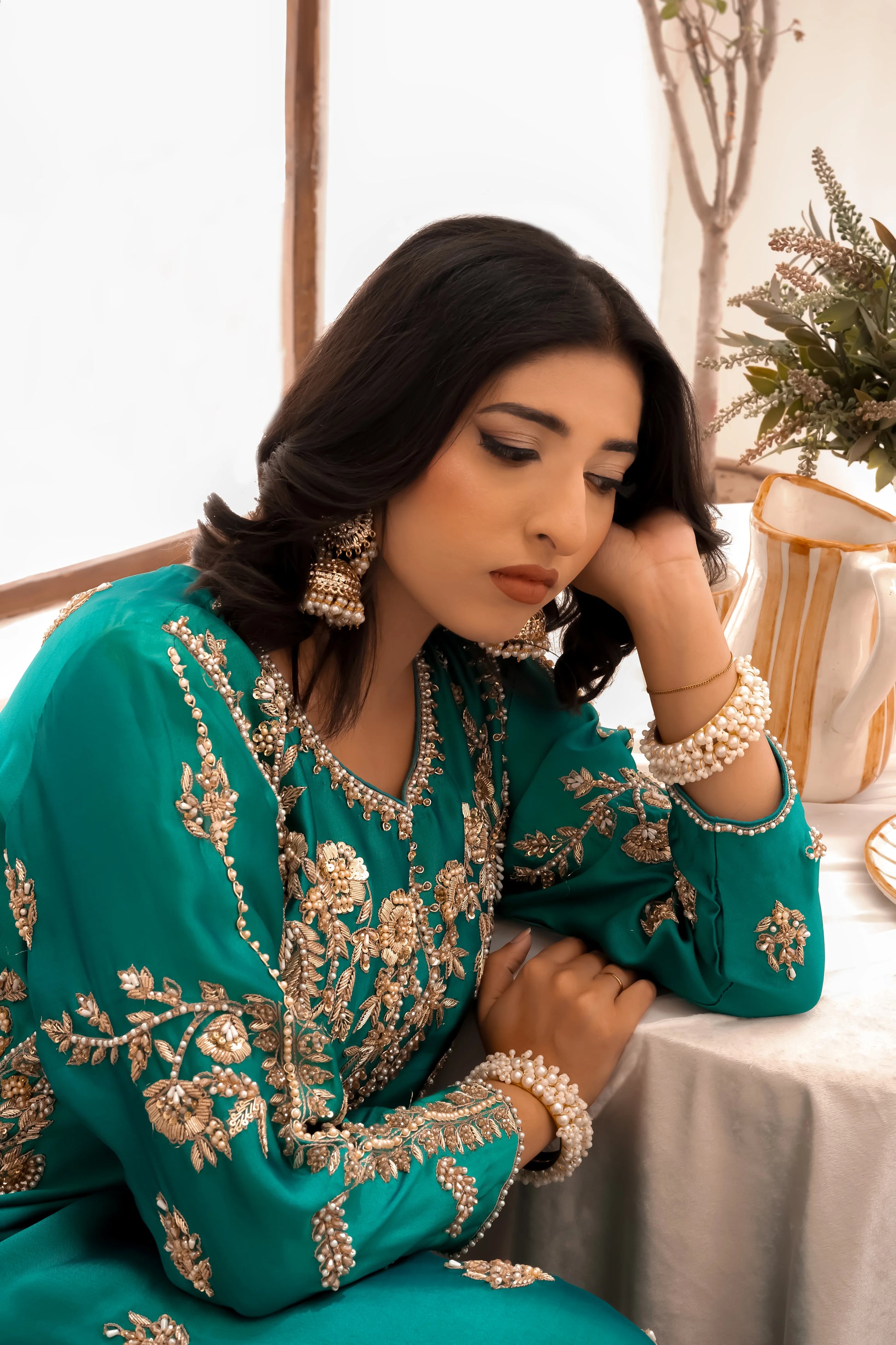 Aqua green wedding outfit with hand-made zari work on tussar silk