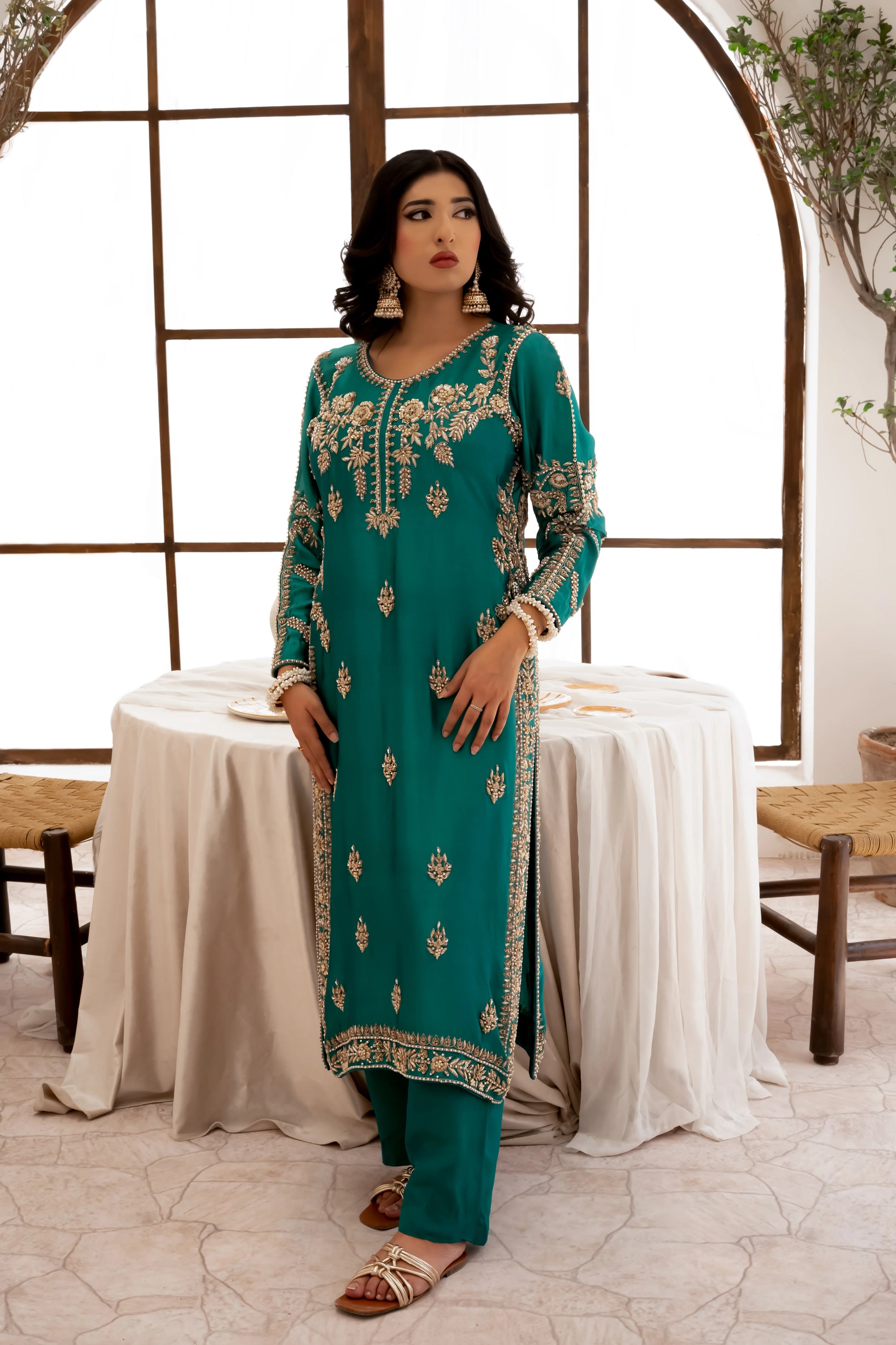 Aqua green wedding outfit with hand-made zari work on tussar silk