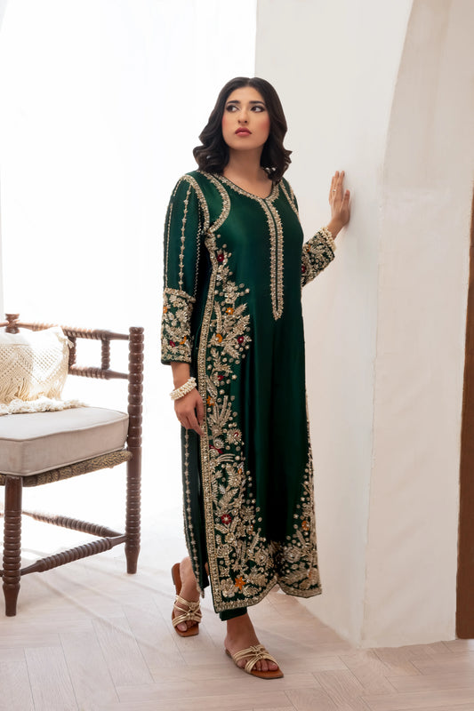 Silk emerald green zari wedding outfit with hand-made zari work on tussar silk