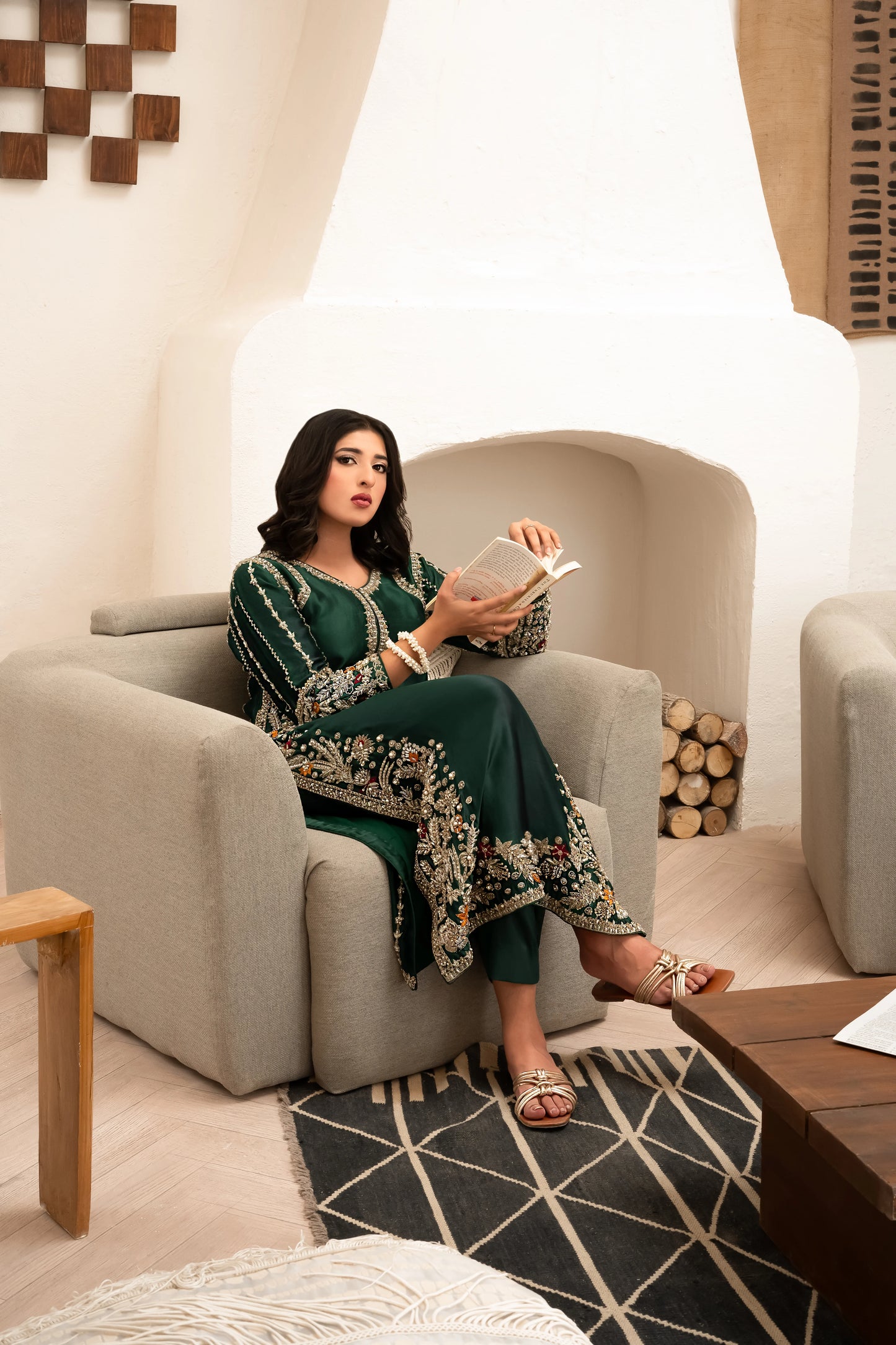 Silk emerald green zari wedding outfit with hand-made zari work on tussar silk
