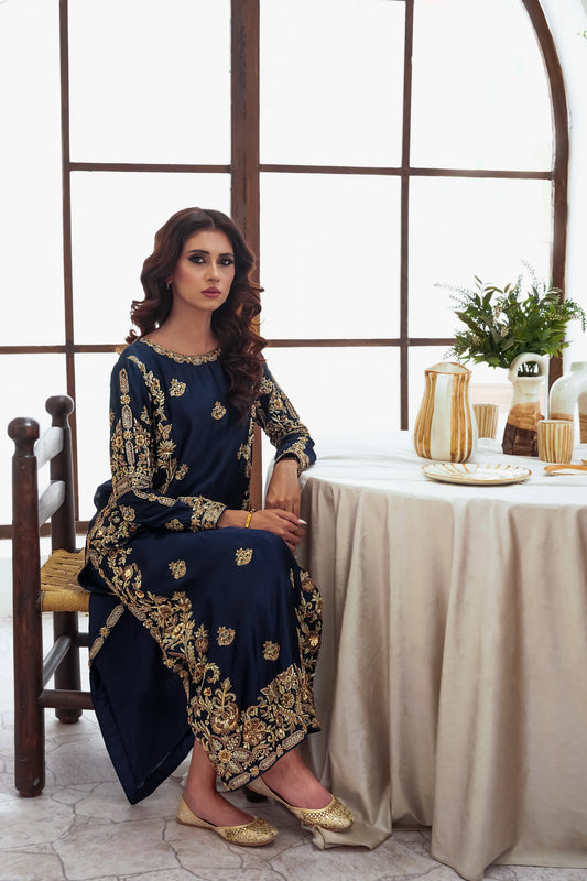 Silk deep blue zari wedding outfit with hand-made zari work on tussar silk