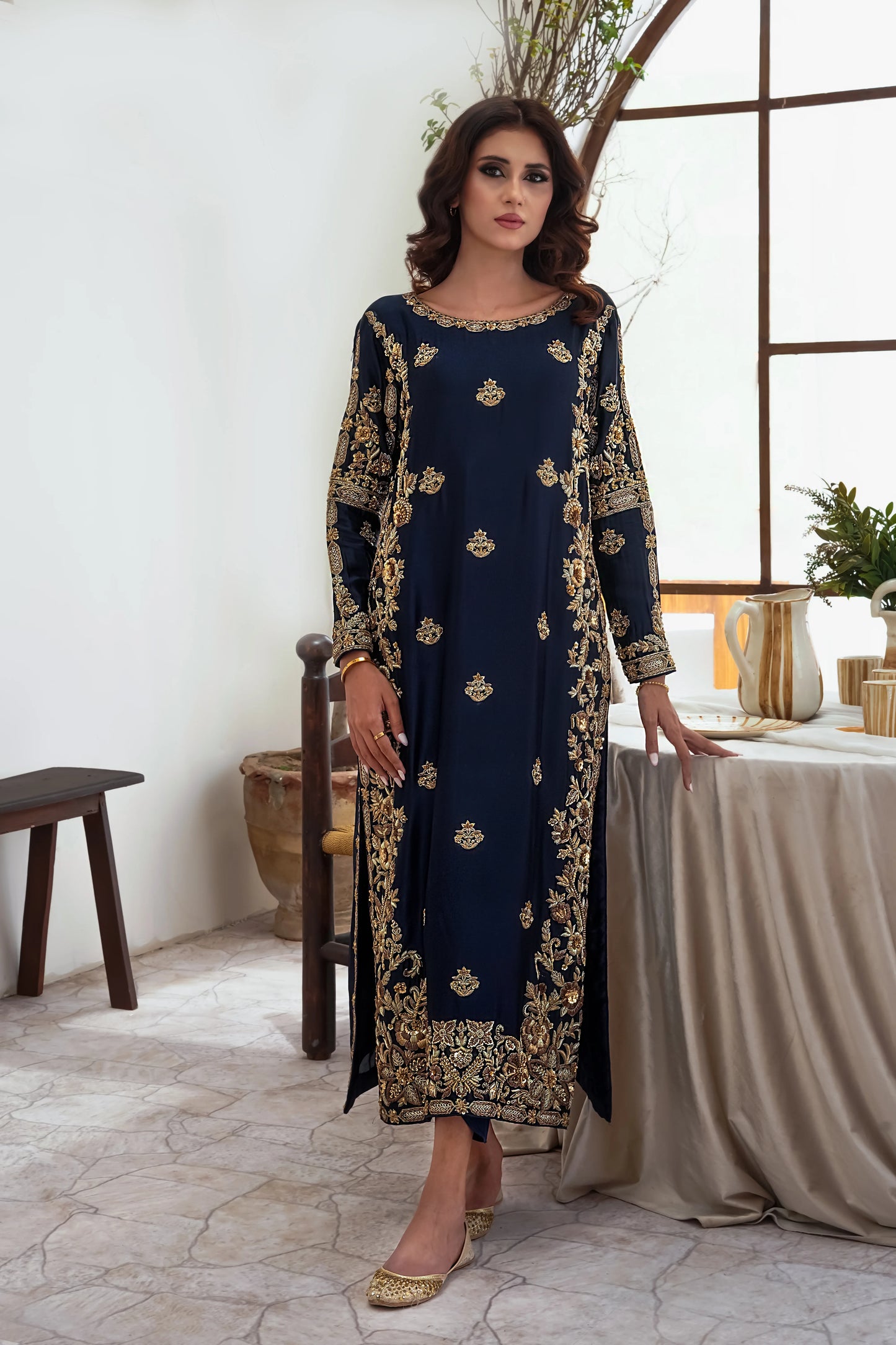 Silk deep blue zari wedding outfit with hand-made zari work on tussar silk
