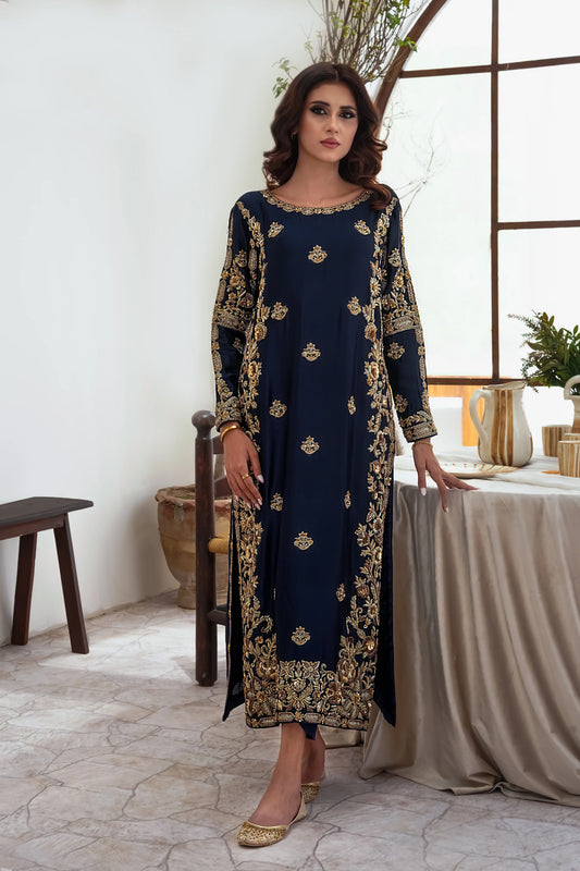 Silk deep blue zari wedding outfit with hand-made zari work on tussar silk
