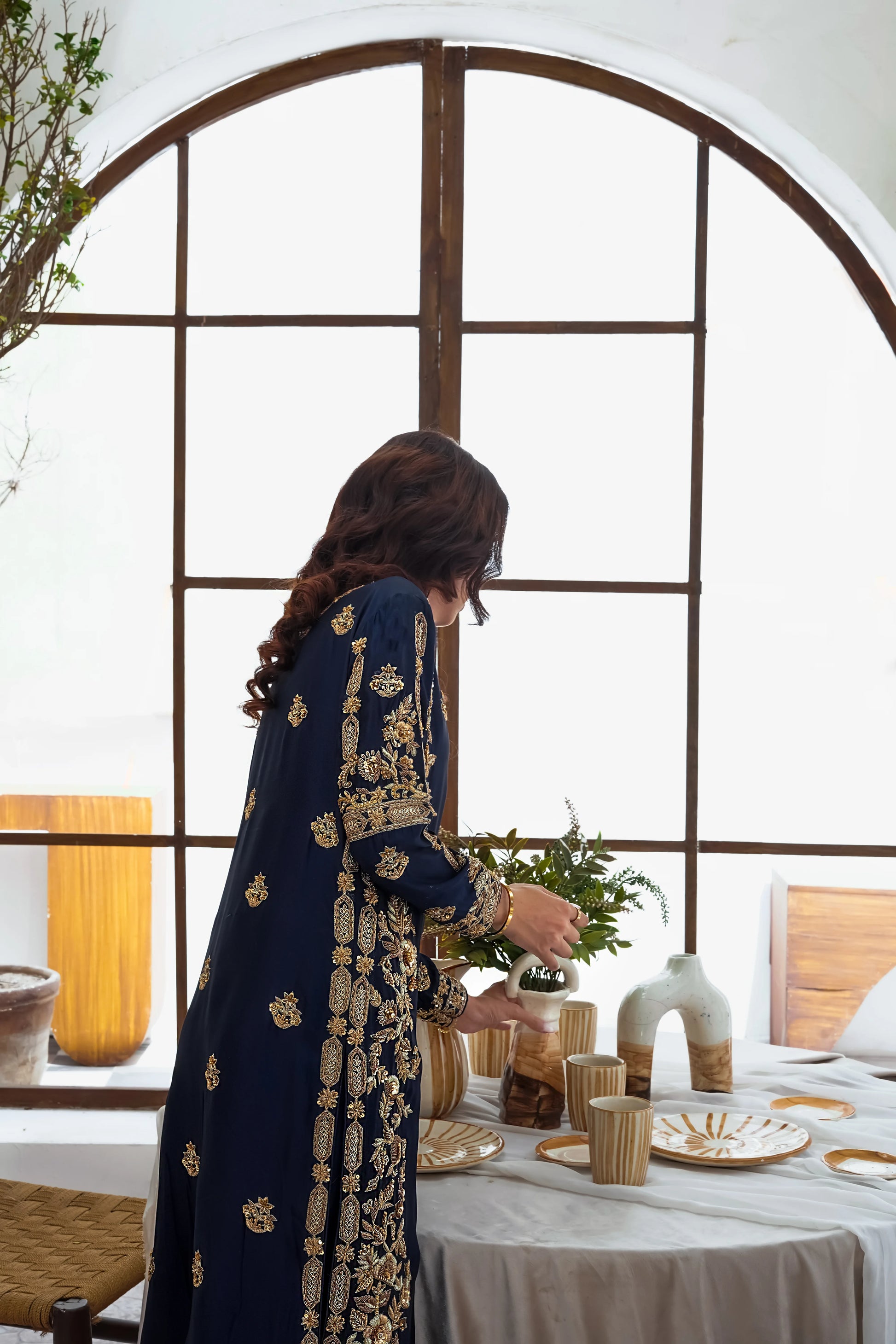 Silk deep blue zari wedding outfit with hand-made zari work on tussar silk
