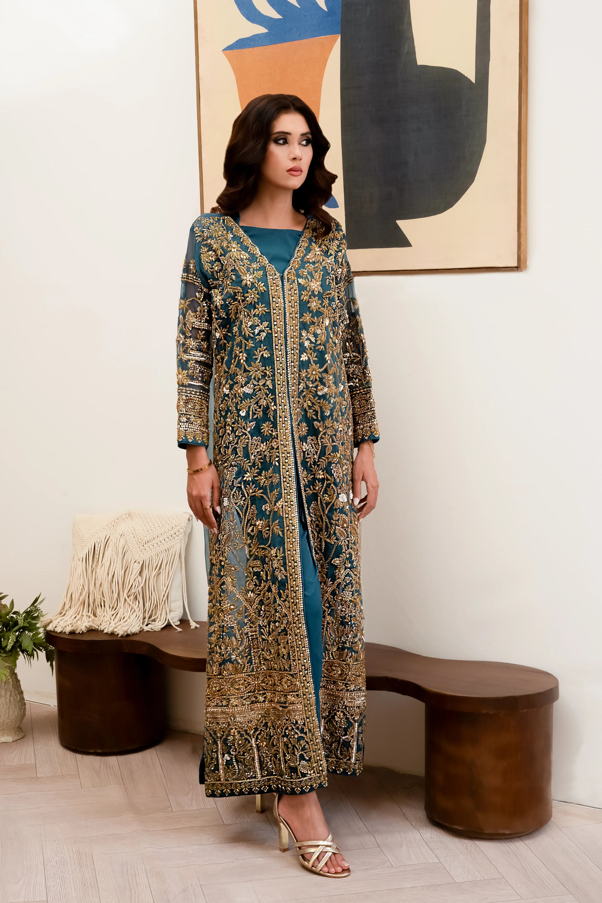 Teal blue wedding gown – front-open organza gown with intricate zari work