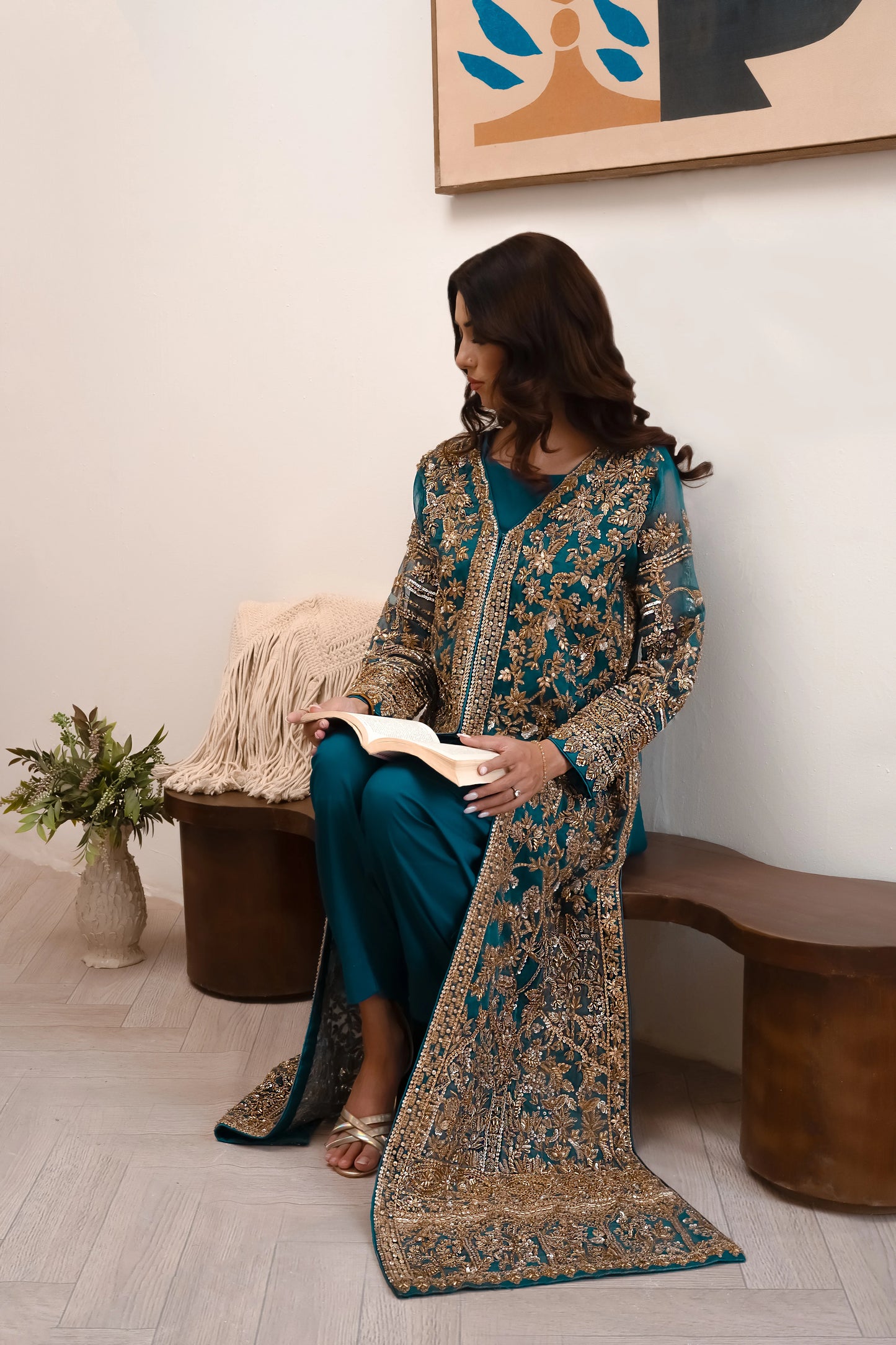 Teal blue wedding gown – front-open organza gown with intricate zari work