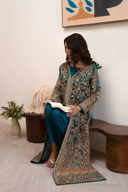 Teal blue wedding gown – front-open organza gown with intricate zari work