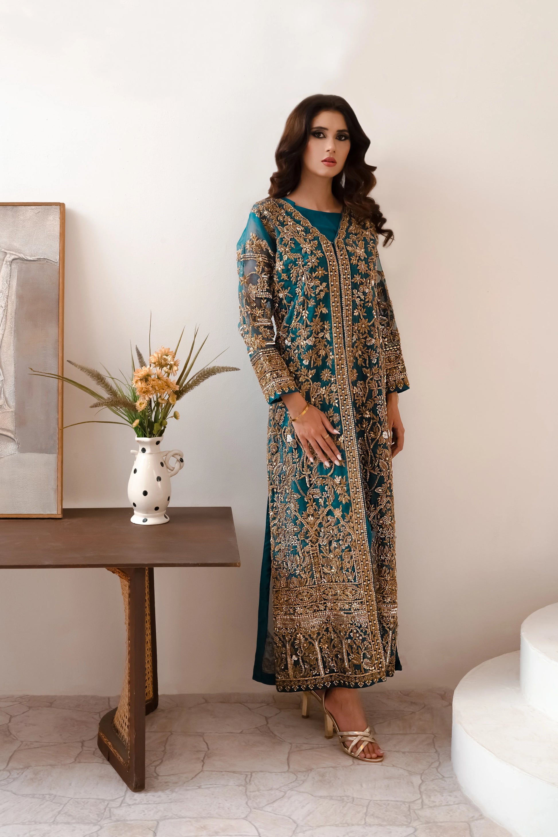 Teal blue wedding gown – front-open organza gown with intricate zari work