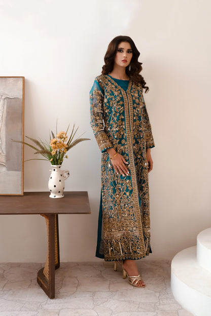 Teal blue wedding gown – front-open organza gown with intricate zari work
