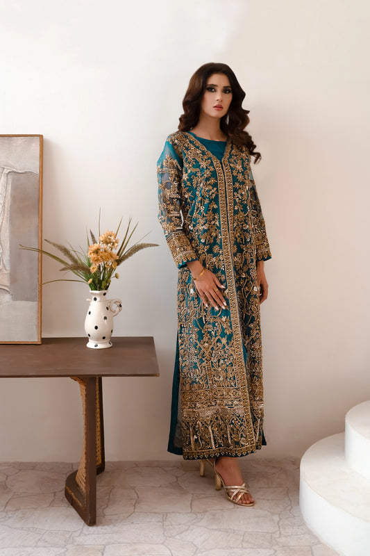 Teal blue wedding gown – front-open organza gown with intricate zari work