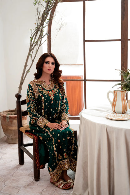 Dark green wedding outfit with hand-made zari work on net