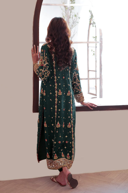 Dark green wedding outfit with hand-made zari work on net