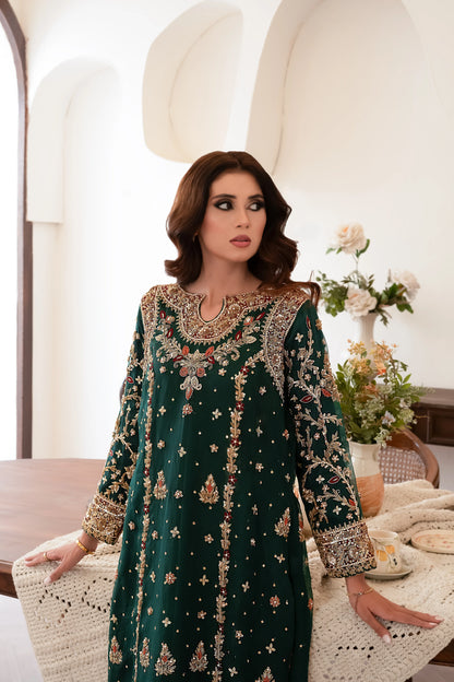 Dark green wedding outfit with hand-made zari work on net