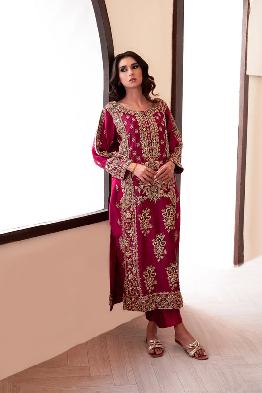 Hot pink silk zari wedding outfit with tussar silk embroidery