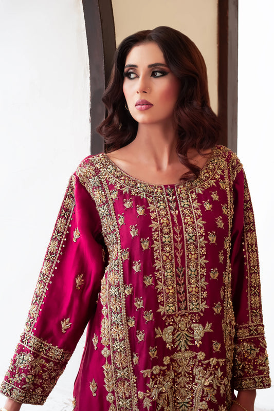 Hot pink silk zari wedding outfit with tussar silk embroidery