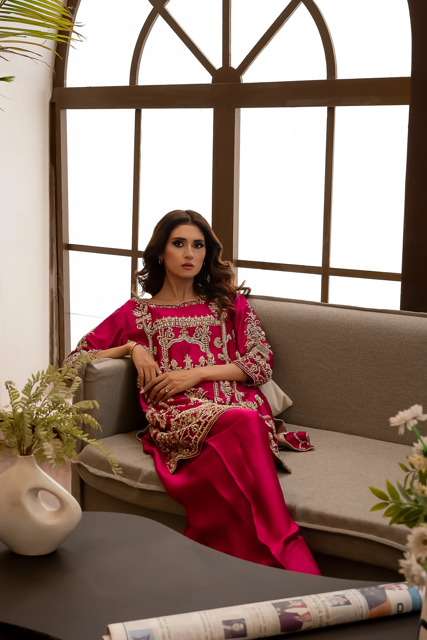 Silk farshi shalwar wedding outfit in hot pink with hand-made zari work