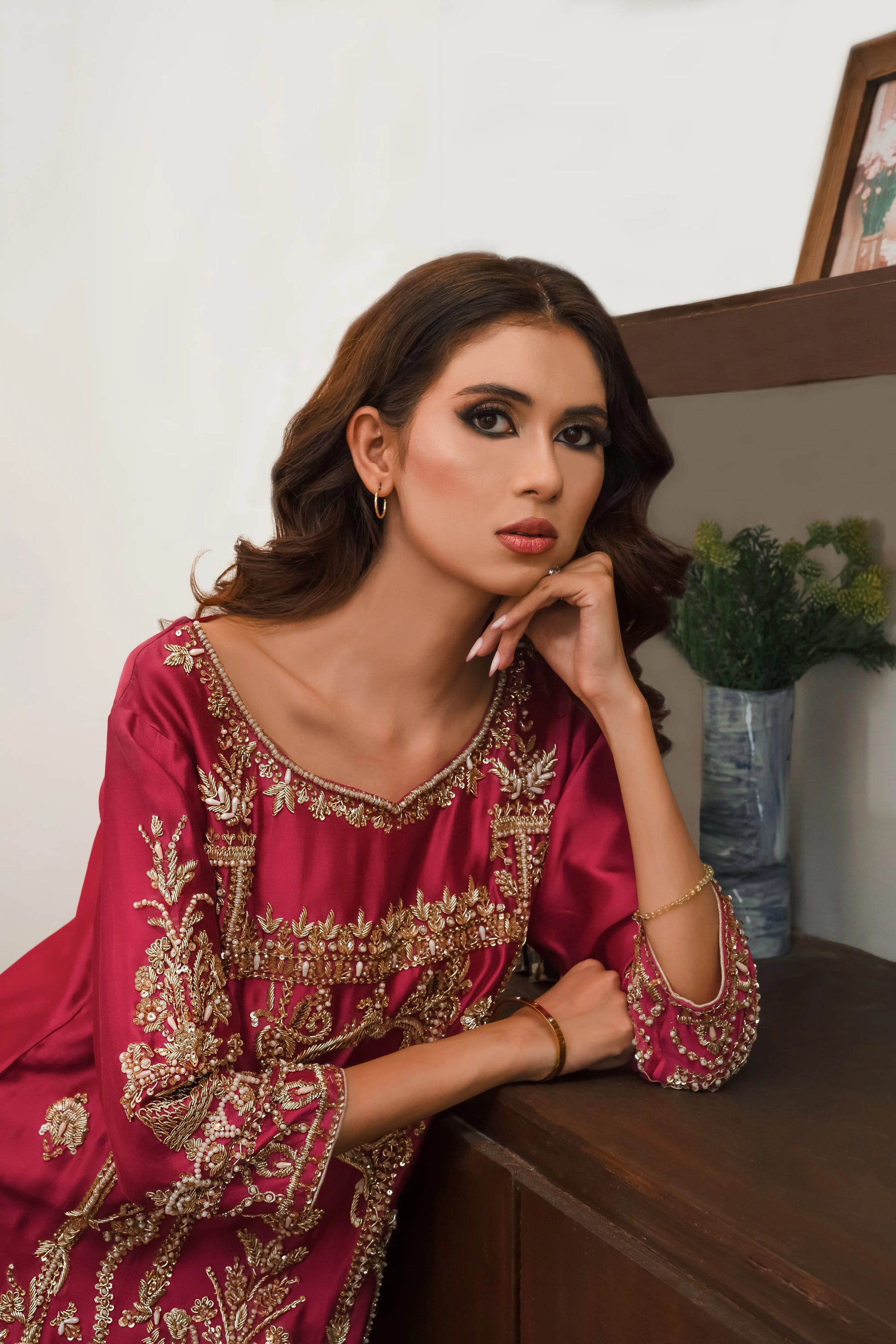 Silk farshi shalwar wedding outfit in hot pink with hand-made zari work