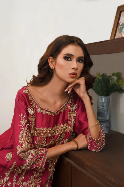 Silk farshi shalwar wedding outfit in hot pink with hand-made zari work