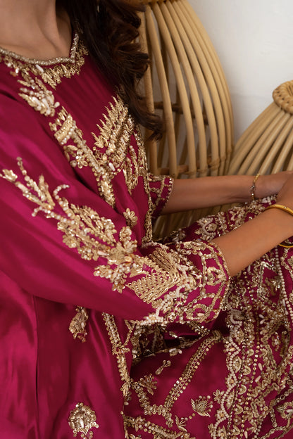 Silk farshi shalwar wedding outfit in hot pink with hand-made zari work
