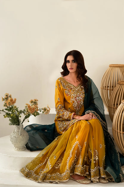 Yellow and zinc gharara wedding outfit with intricate zari and gotta work