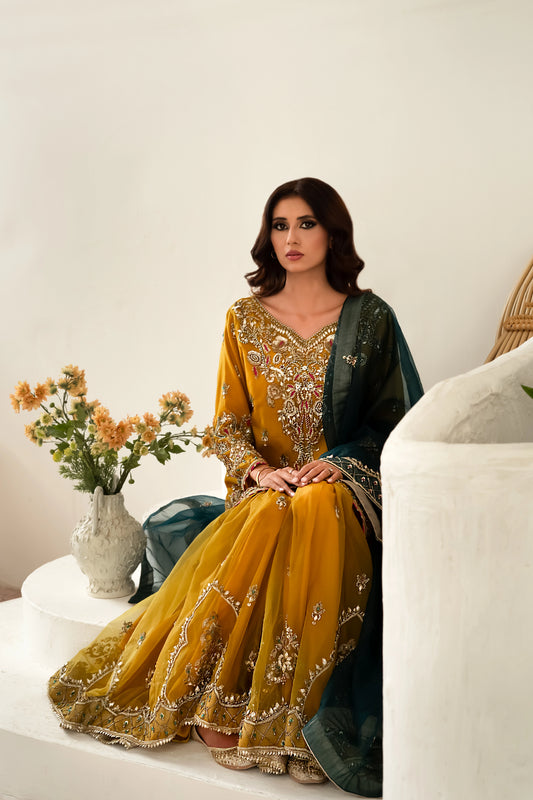 Yellow and zinc gharara wedding outfit with intricate zari and gotta work