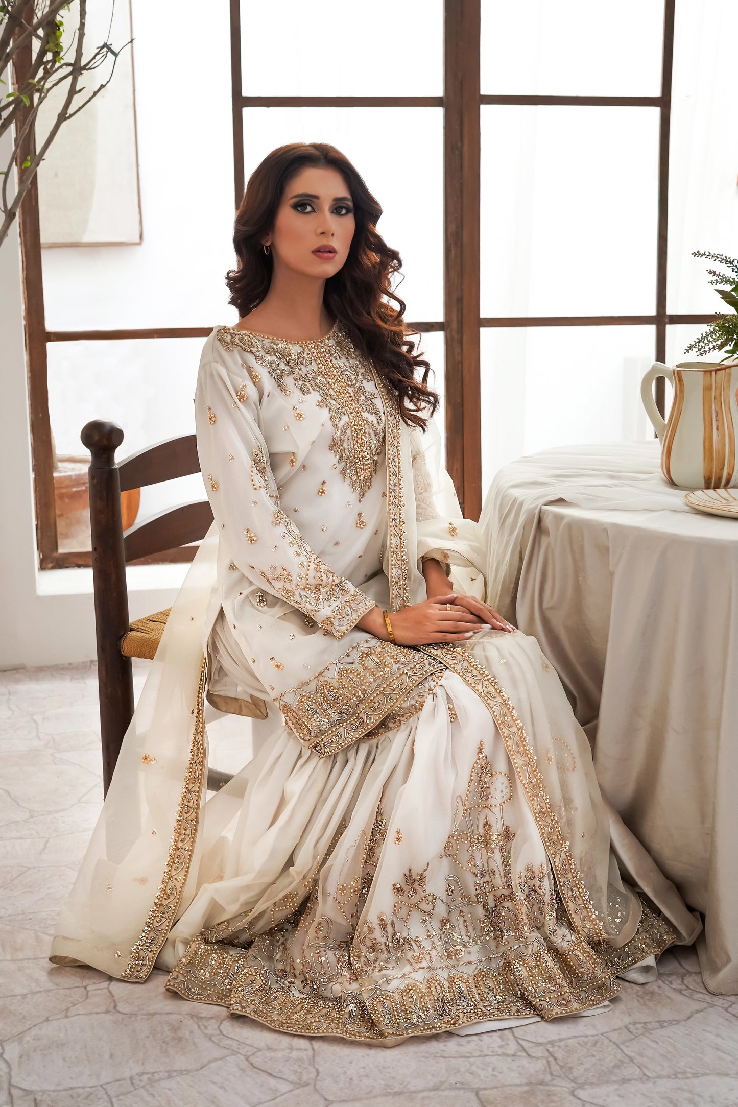 White & Gold Gharara Wedding Outfit