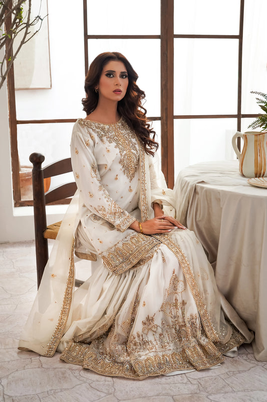 White & Gold Gharara Wedding Outfit