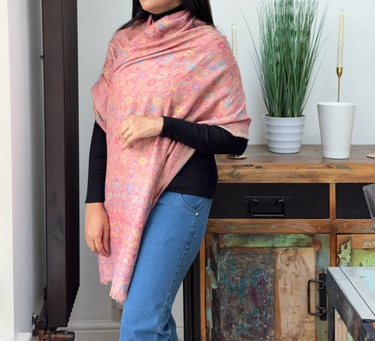 Dusty rose cashmere wool blend shawl with elegant printed pattern
