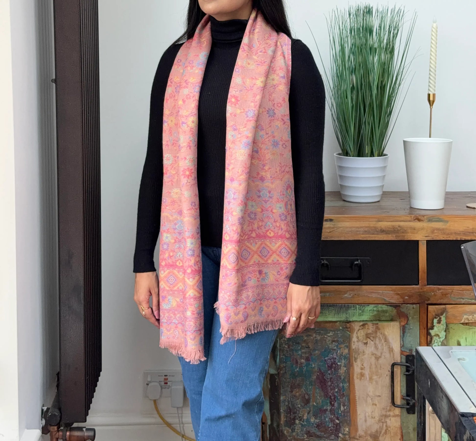 Dusty rose cashmere wool blend shawl with elegant printed pattern